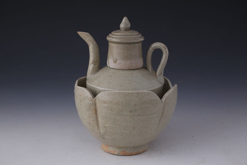 宋青釉帶蓋瓷溫酒壺（帶溫碗）
