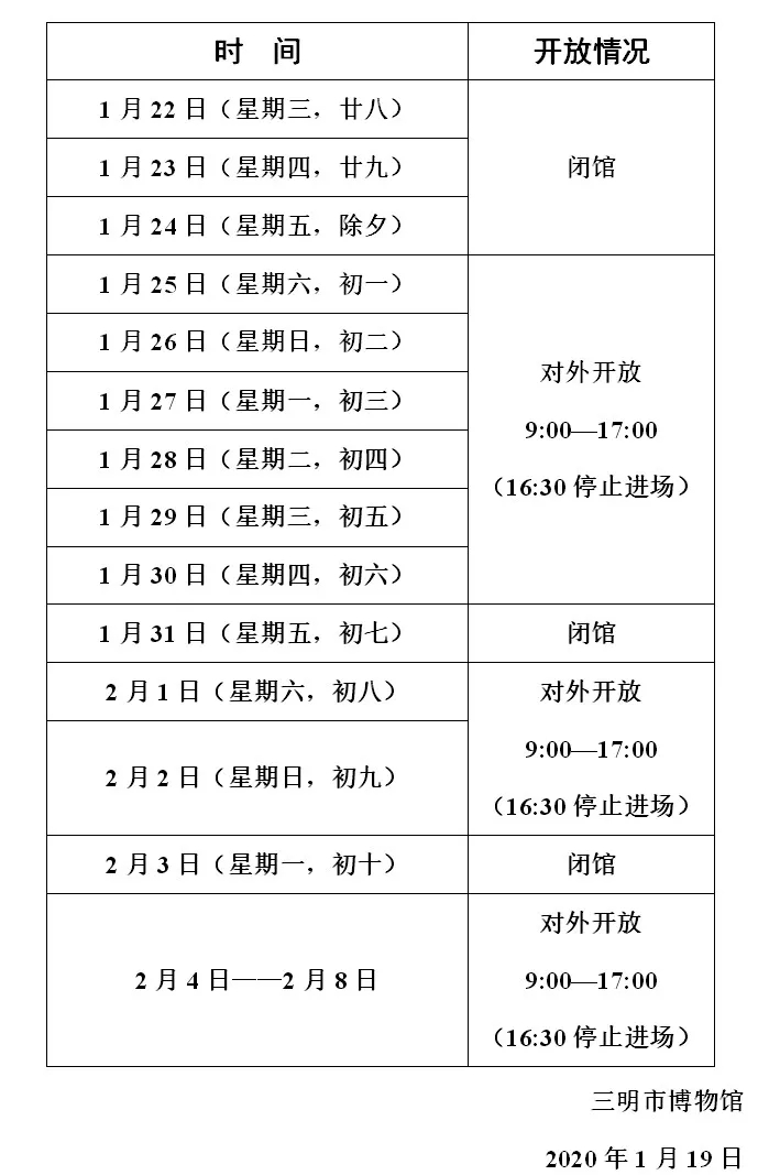 三明市博物館2020年春節(jié)開放安排